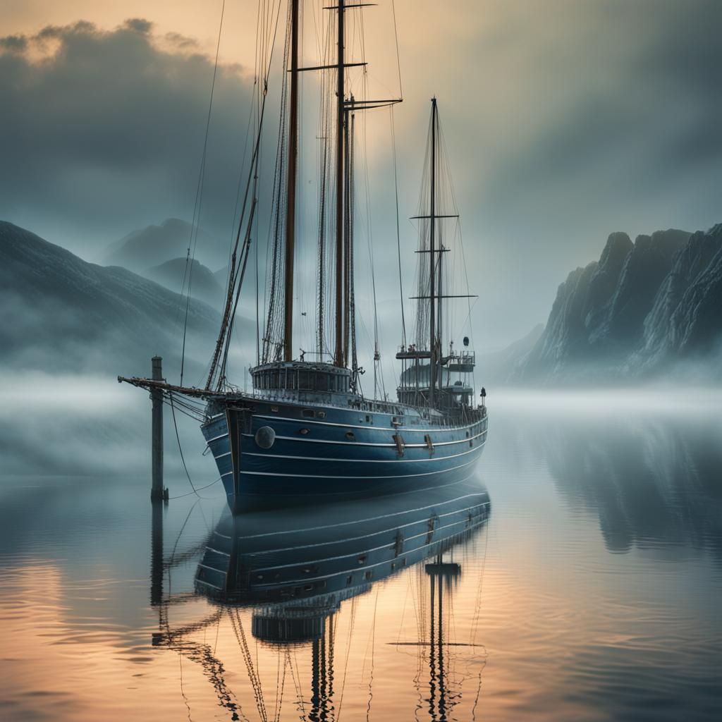 Moored Cutter on Glass Sea in Morning Mist