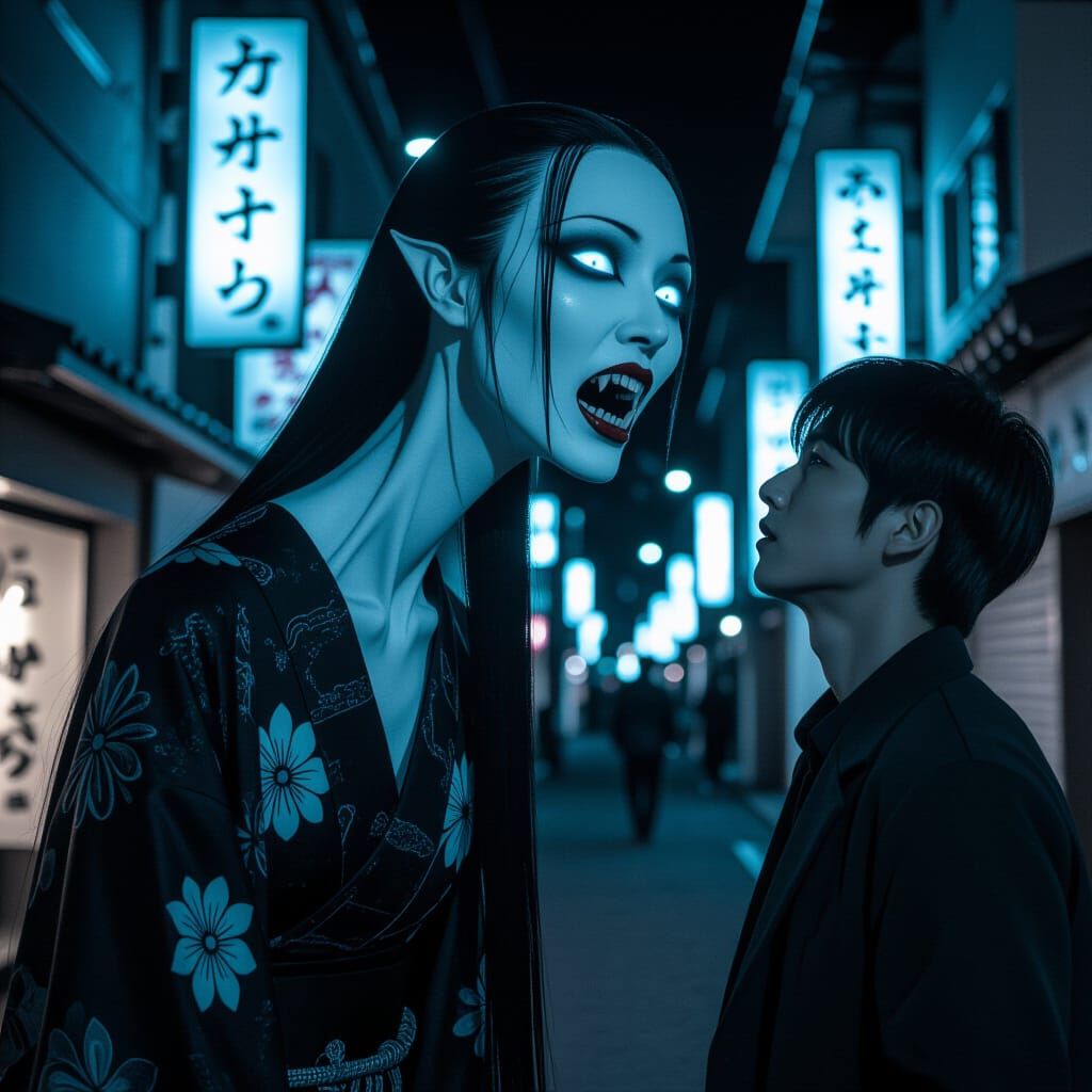 Rokurokubi: Asian Vampire Attack in Dark Fantasy Style