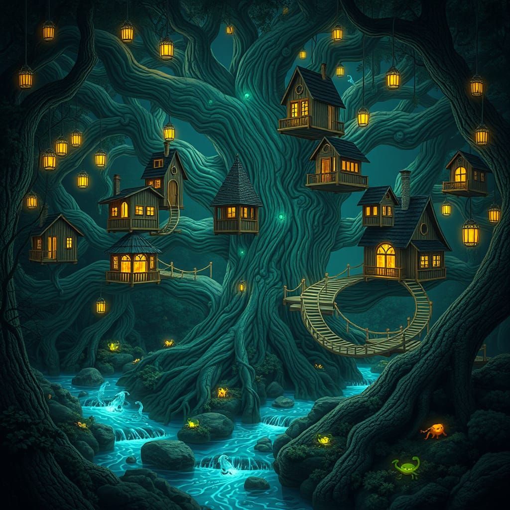 Enchanted Treehouse Village Amidst a Glowing, Ancient Tree