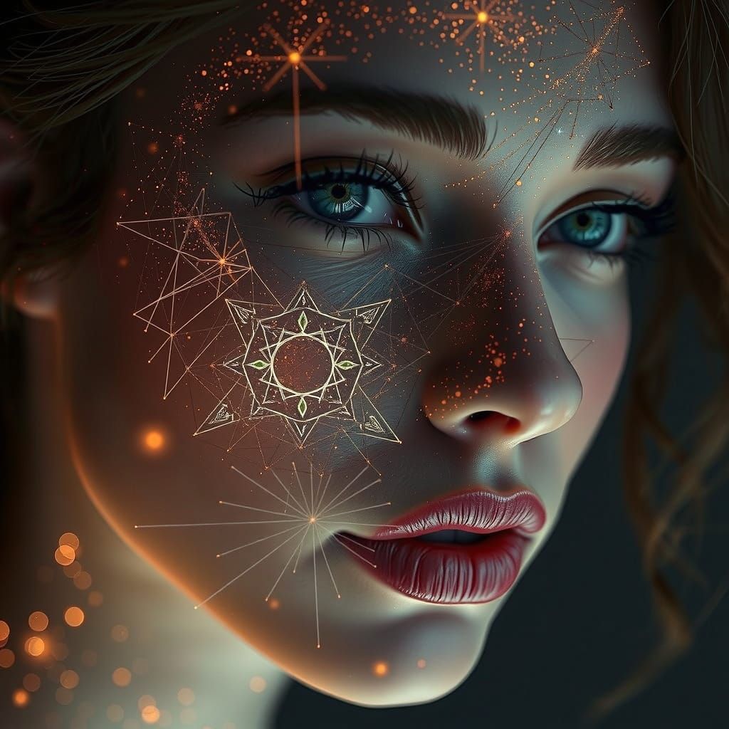 Double Exposure Portrait: Woman, Stars, and Geometric Patter...