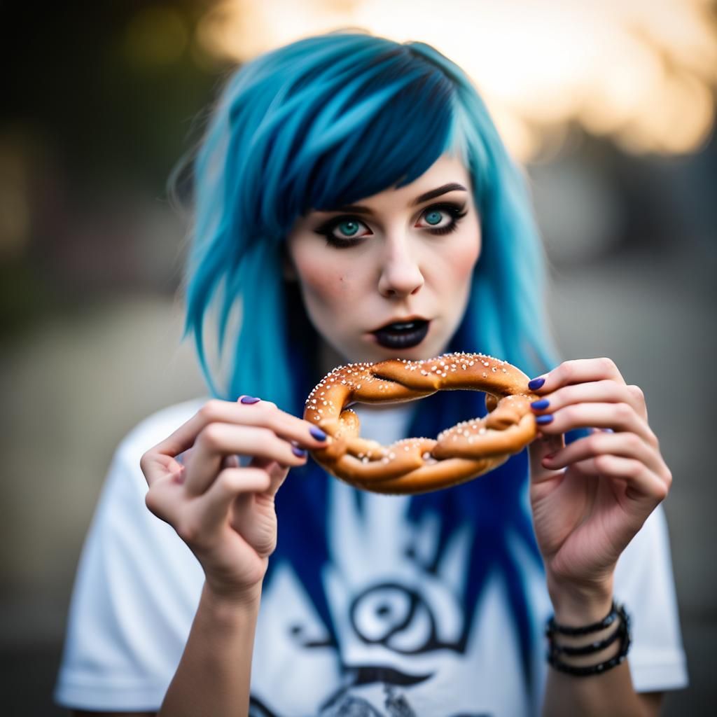 Emo Girl with Blue Hair Eats Pretzel