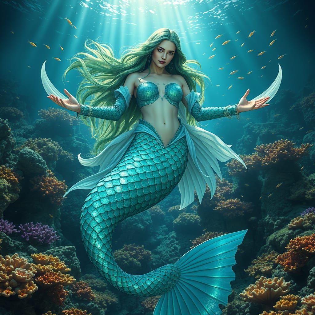Nature Demigoddess Mermaid Elara with Flowing Green Hair