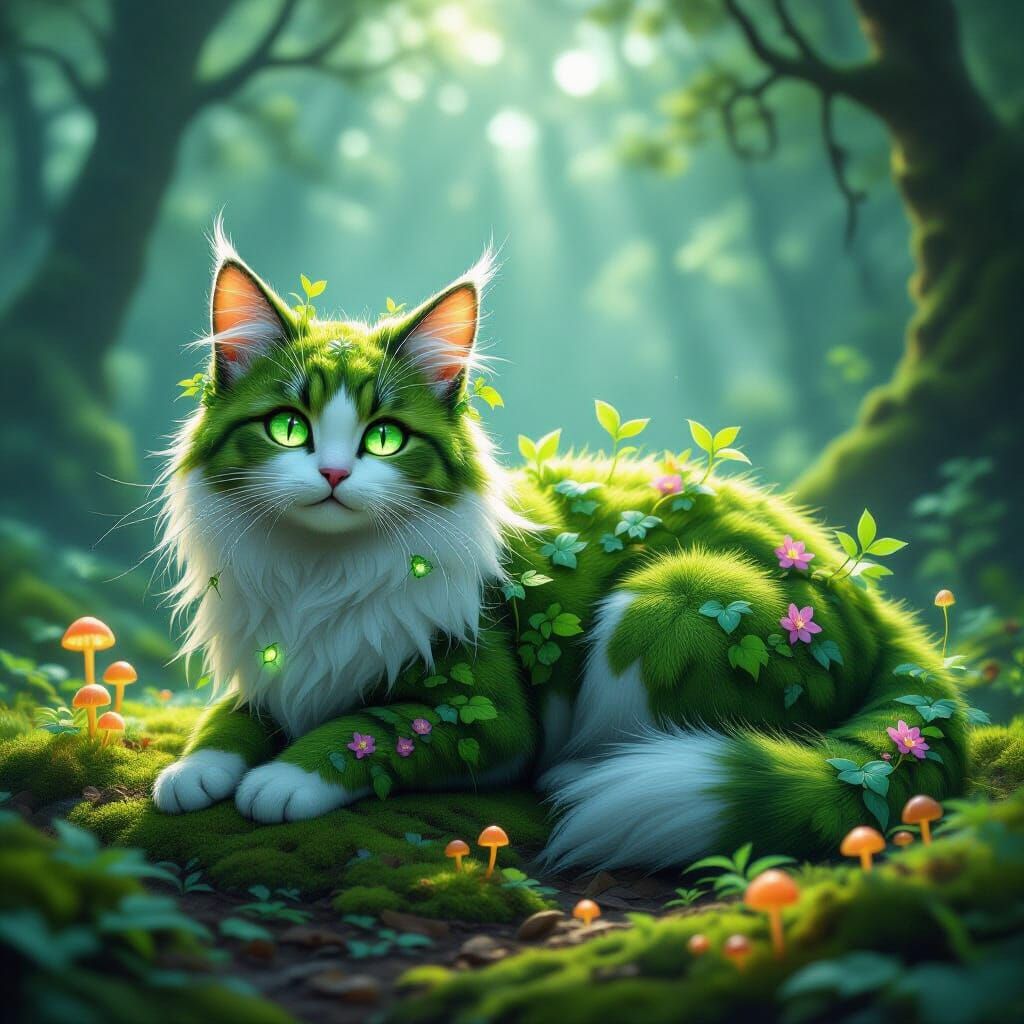 Enchanting Cat-Plant Hybrid in Misty Forest