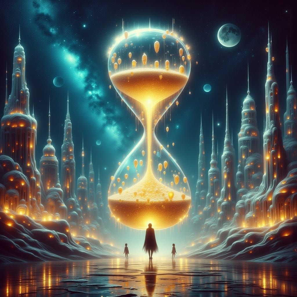 Hourglass of Robots in a Futuristic Cityscape