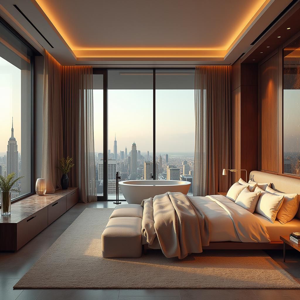 Luxurious Apartment Master Bedroom with Cityscape View