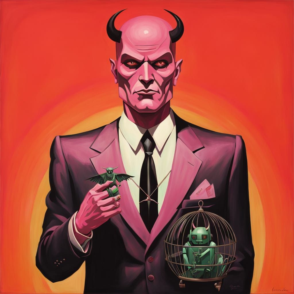 Art Deco Devil Monitors Robot in Cage