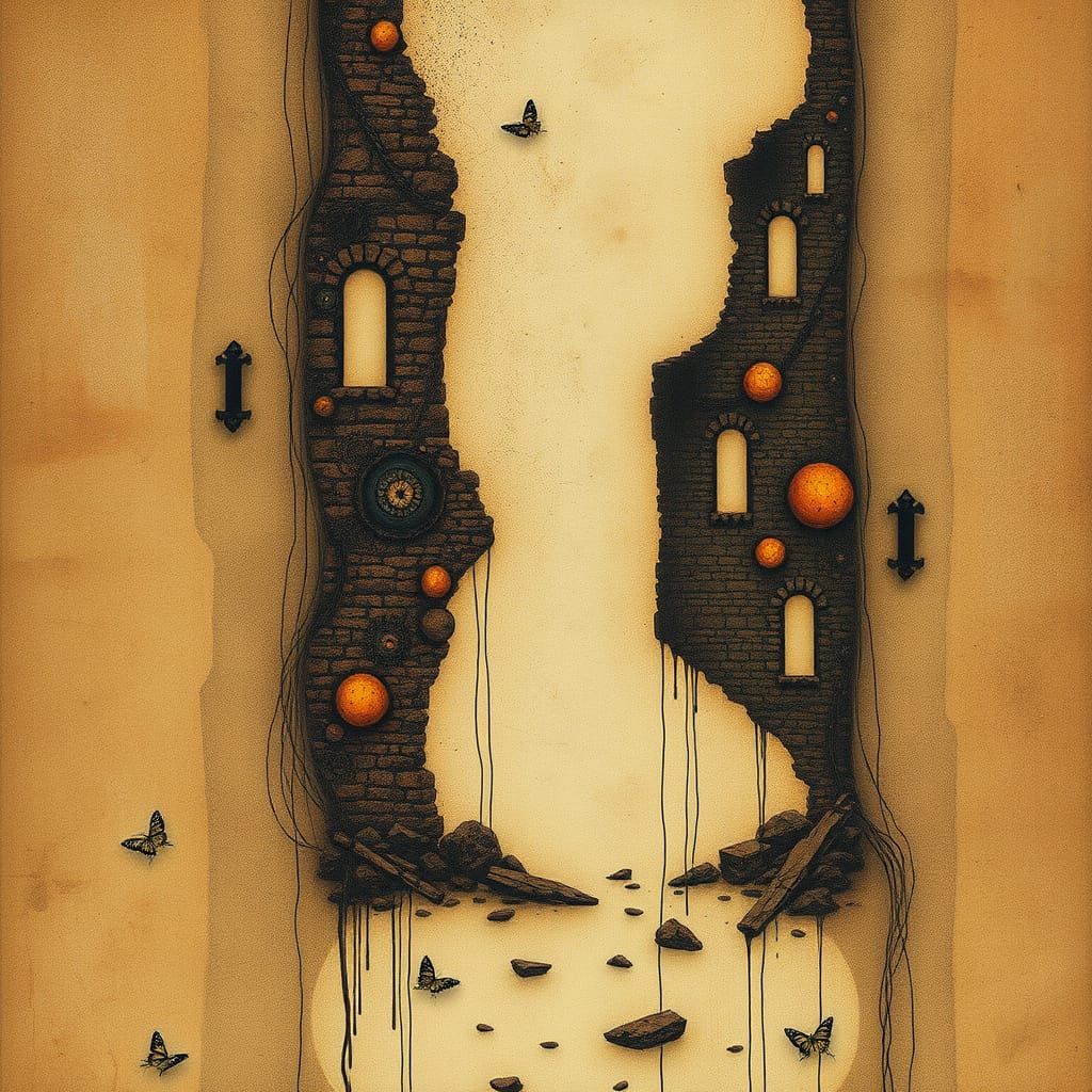 Couple in Autumn Ruins on Tea-Stained Parchment