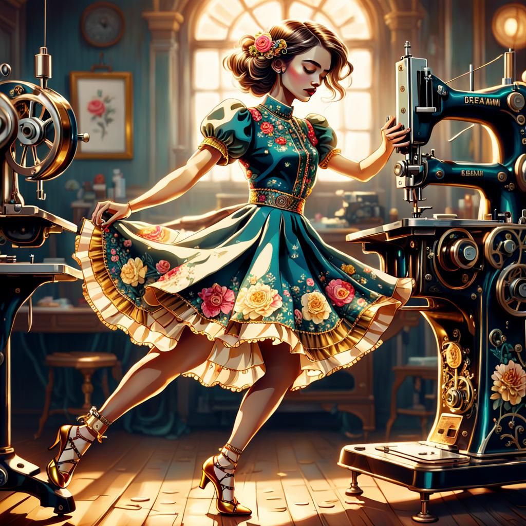 Girl Dancing with Sewing Machine Foot in Digital Art
