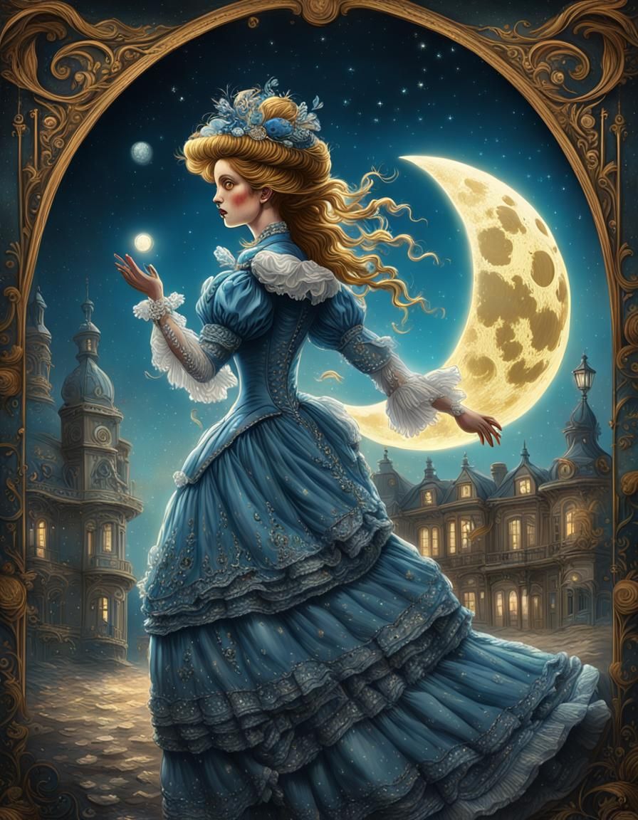 Victorian Woman Running Under Jeweled Moon in Splash Art