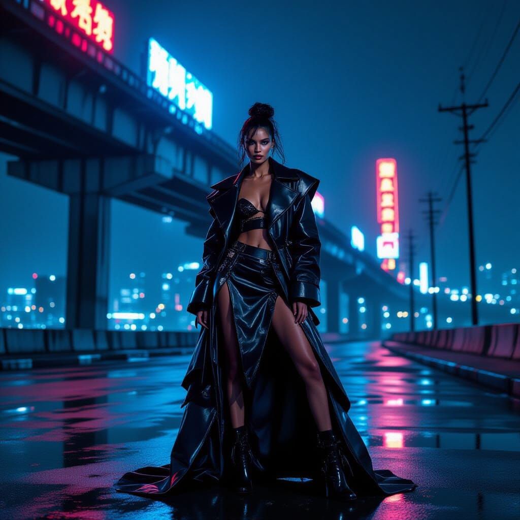 Fashion Model in Avant-Garde Recycled Outfit on Overpass