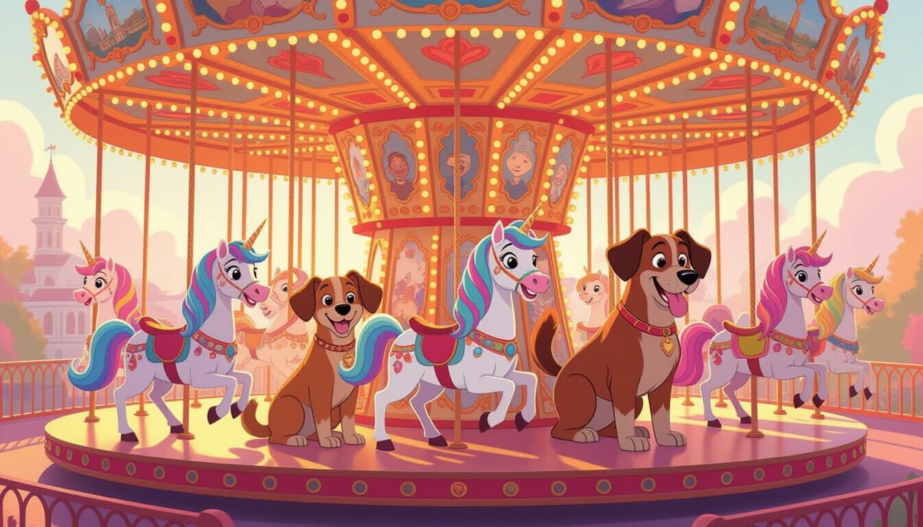 Whimsical Disney-Style Carousel with Unicorns and Dogs