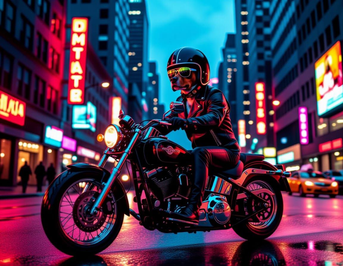 Dog Rides Motorcycle in City at Dusk