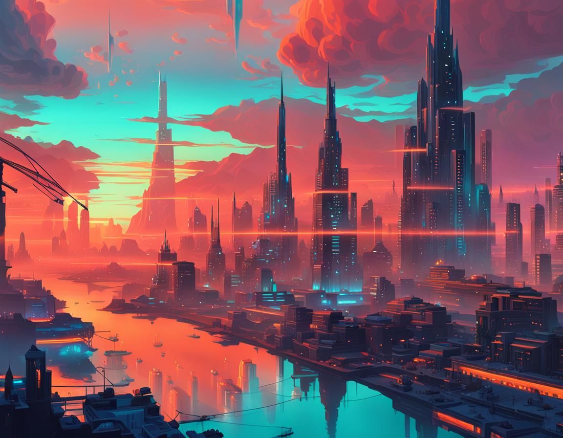 Futuristic Cityscape Sunset in Digital Matte Painting