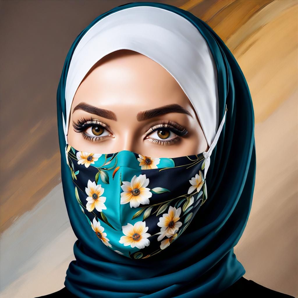 Smiling Woman in Hijab and Facemask, Oil Painting