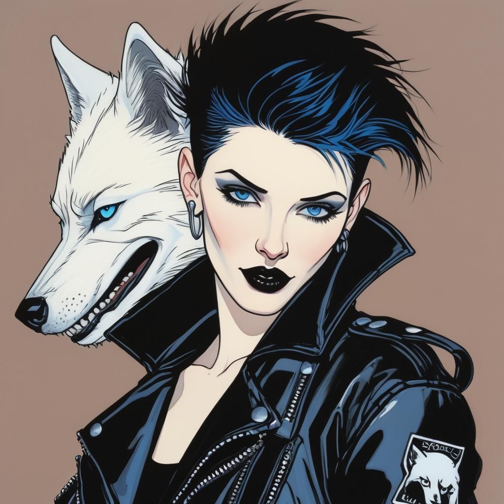 Punk Brunette with Wolf, in Nagel and Moebius Style