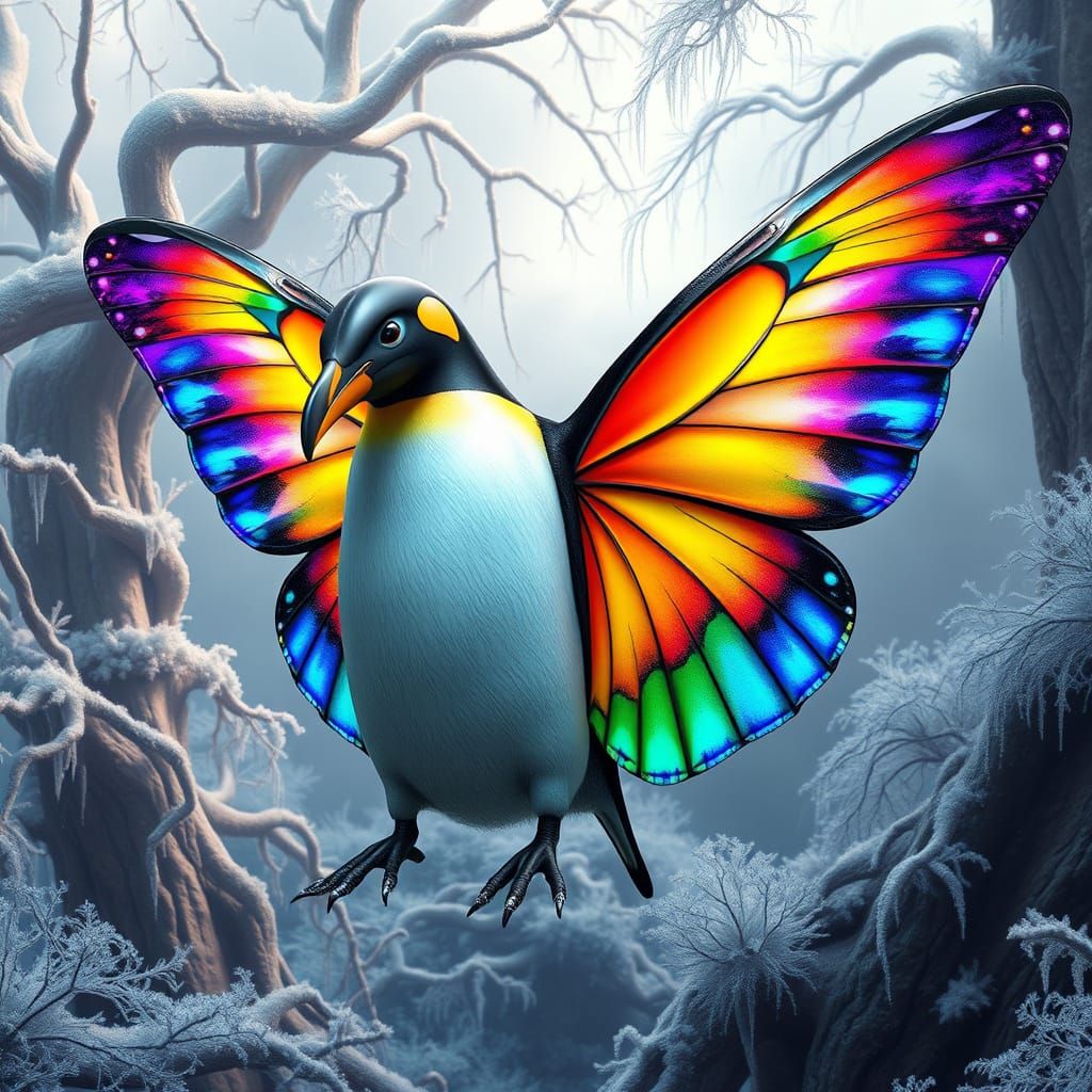 Rainbow-Hued Penguin Butterfly in Futuristic Jungle