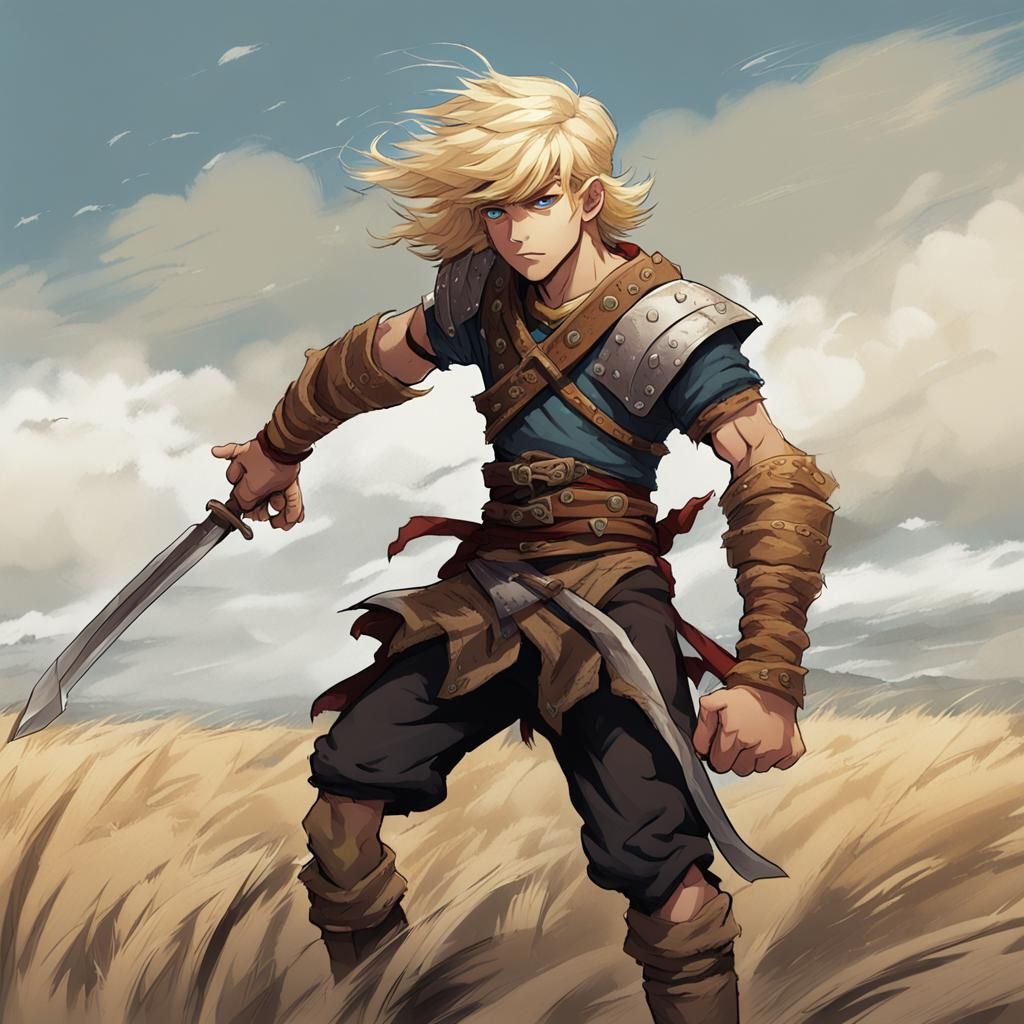 A blonde teenage barbarian boy,  powerful, swashbuckling, st...