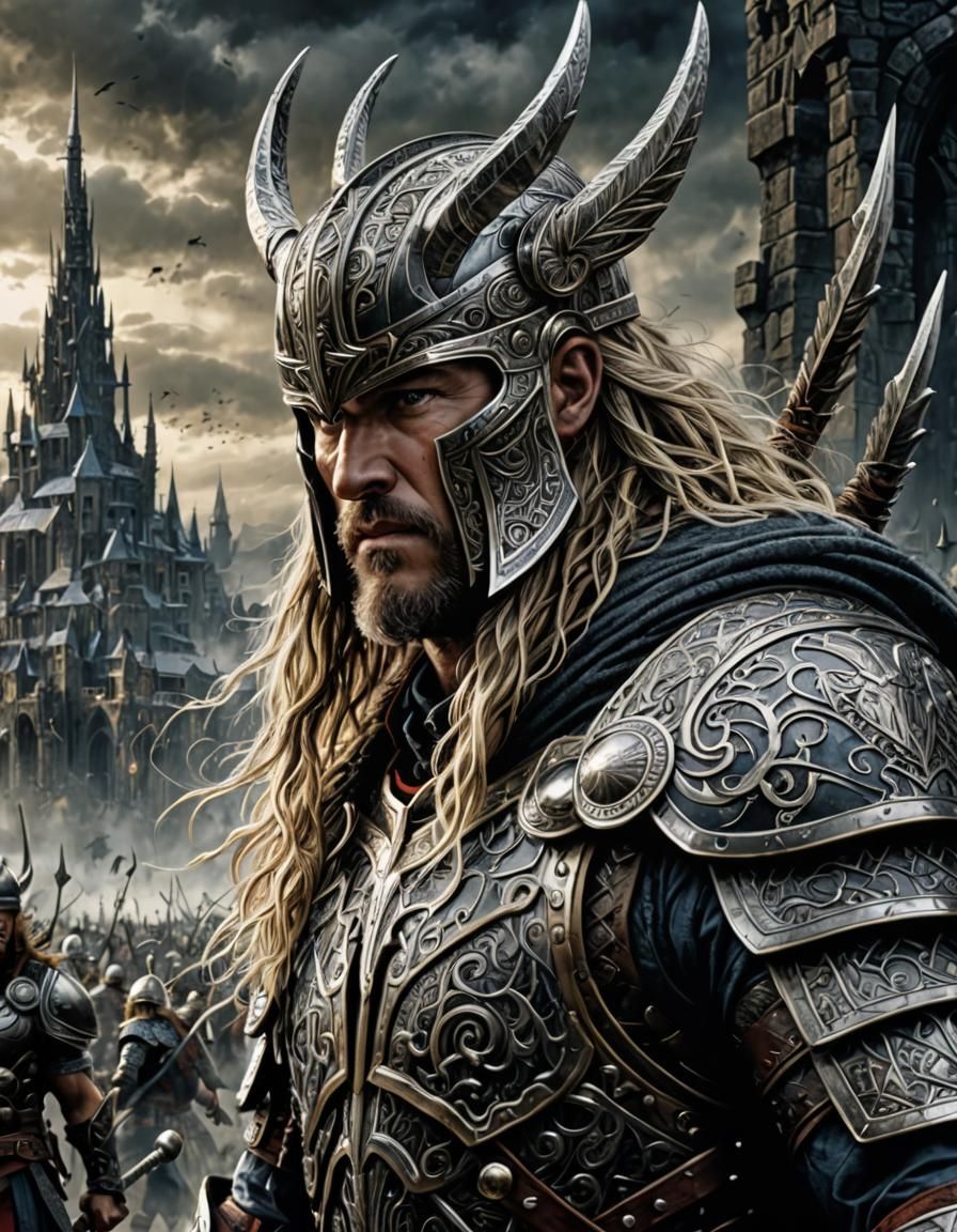 Thor-like Warrior in Eerie Landscape, Ink Drawing