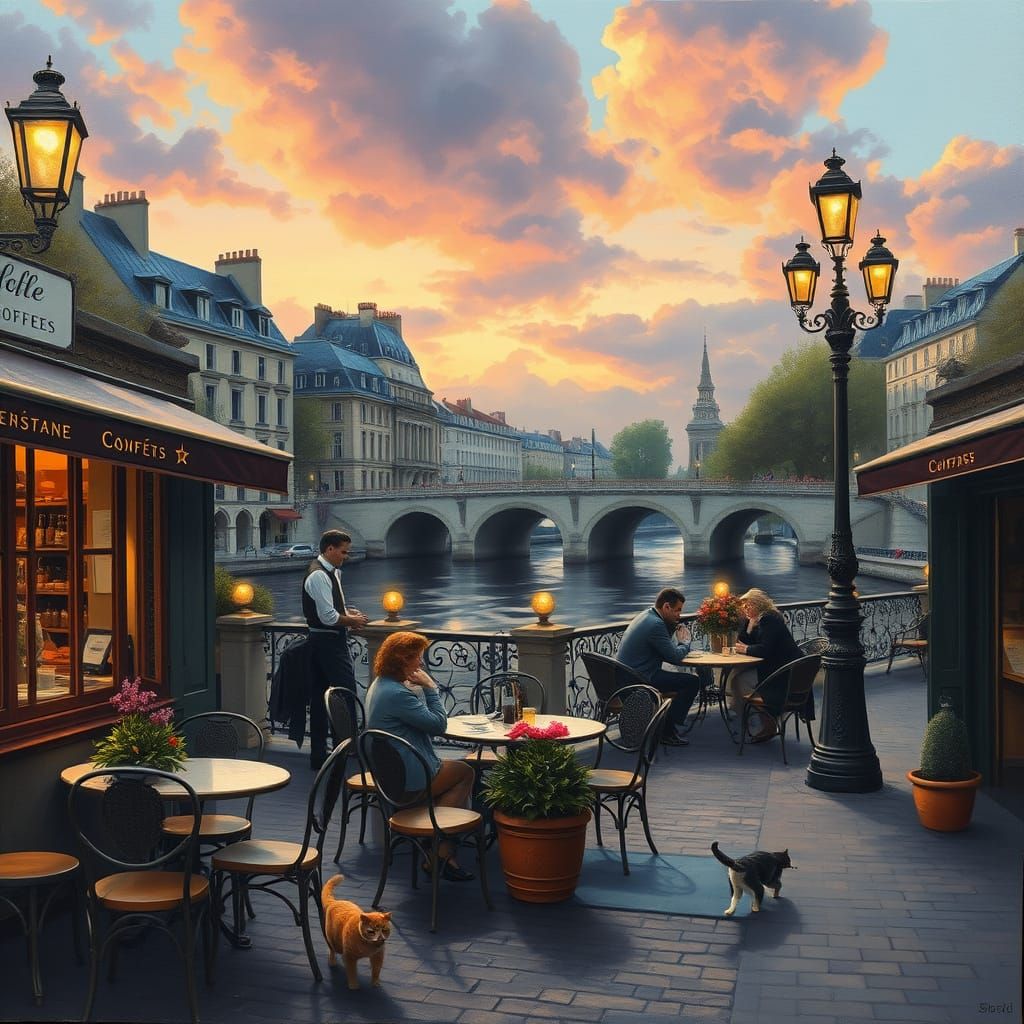 Parisian Cafe Scene by the Seine at Twilight