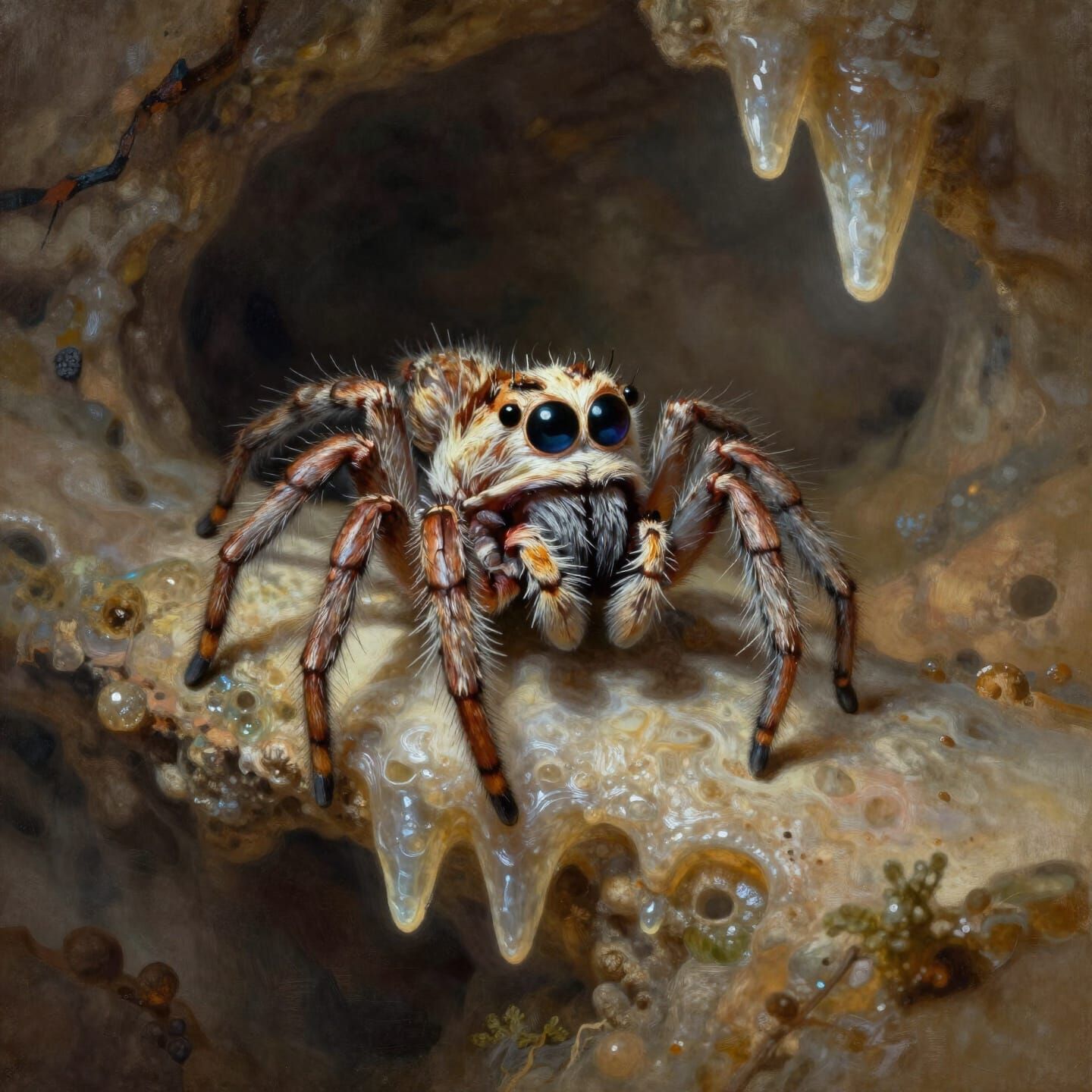 Fluffy Cave Spider on Stalactite in Ethereal Light