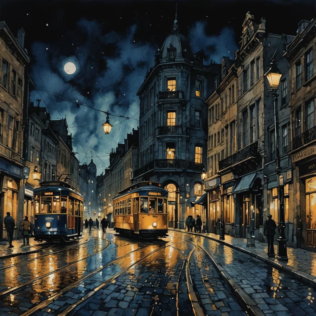 Historic City Streetcar in Vintage Ink Painting