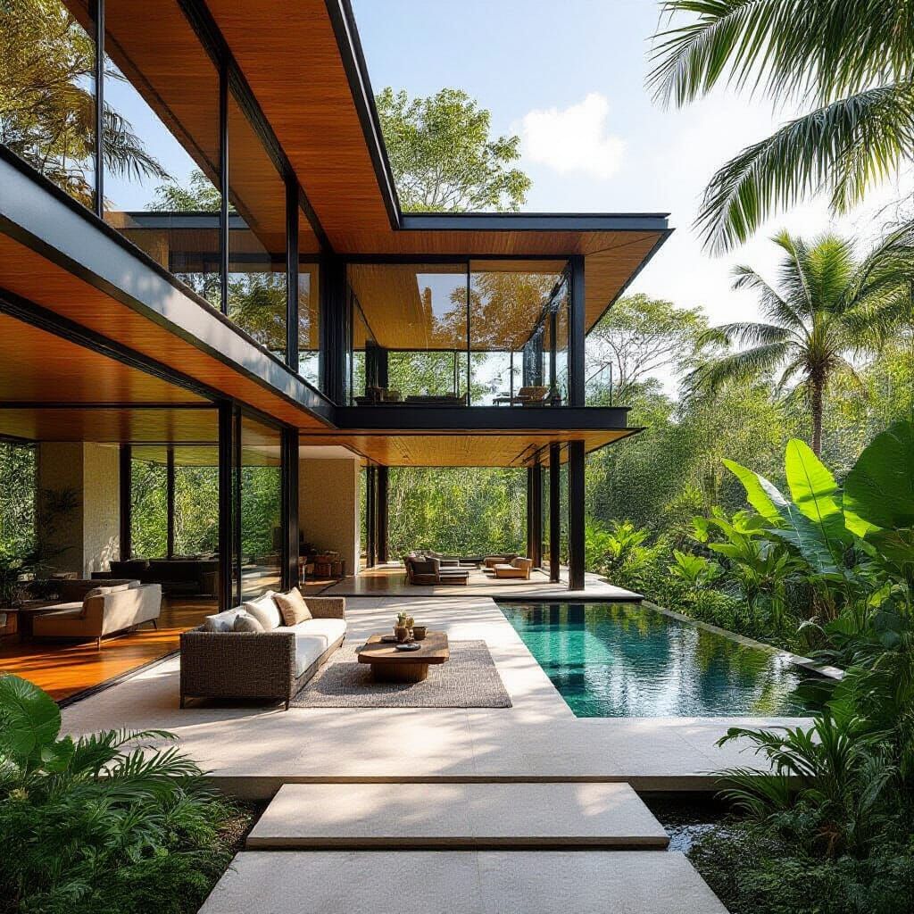 Modern Jungle Villa with Glass Walls in Tropical Landscape