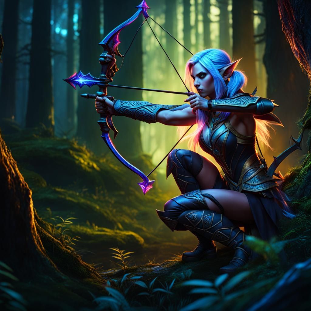 Night Elf Hunter in Dark Forest: Detailed Matte Painting