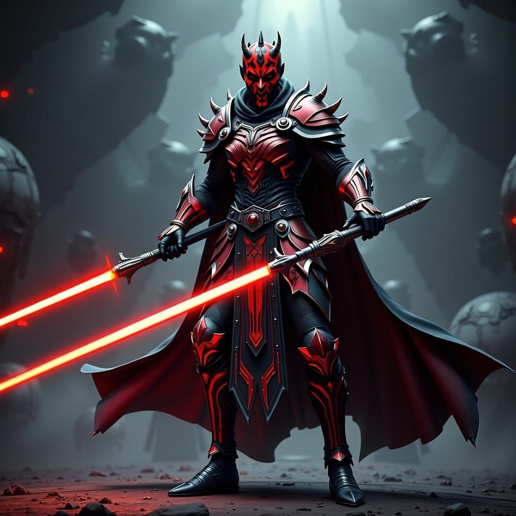 Dark Cyberpunk Sith Lord Darth Maul in Intricate Armor Stand...
