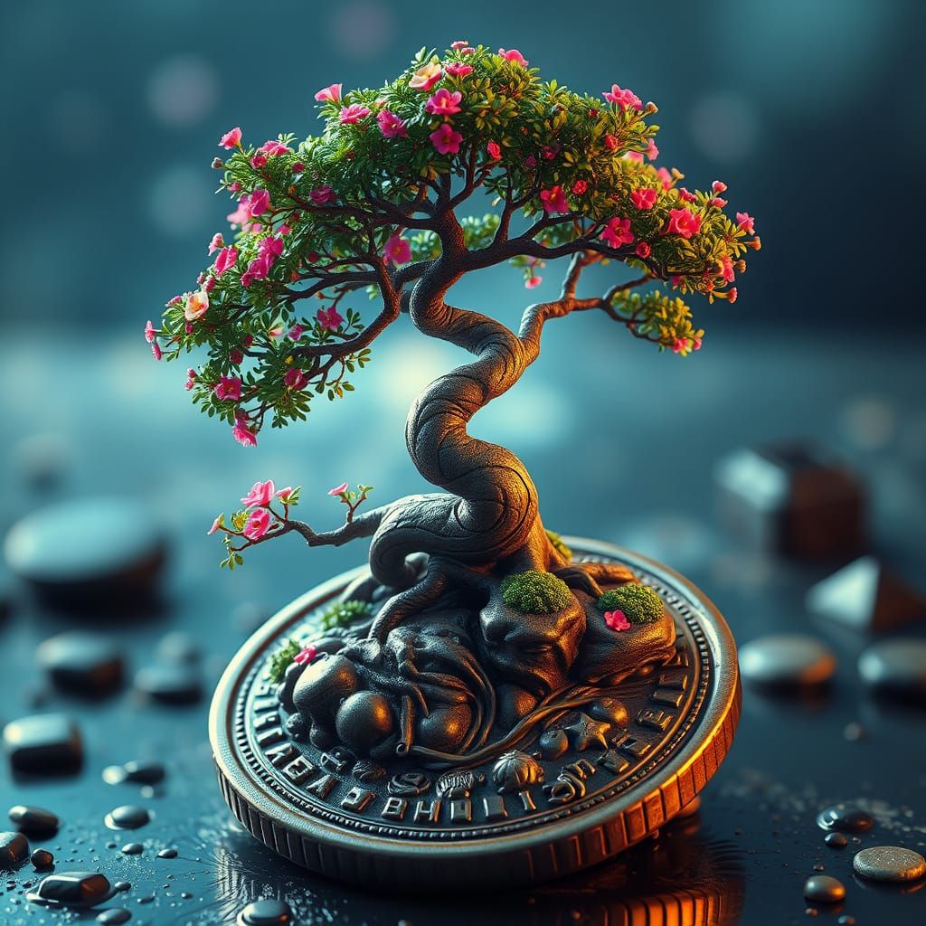 Bonsai Tree on Coin with Atmospheric Lighting