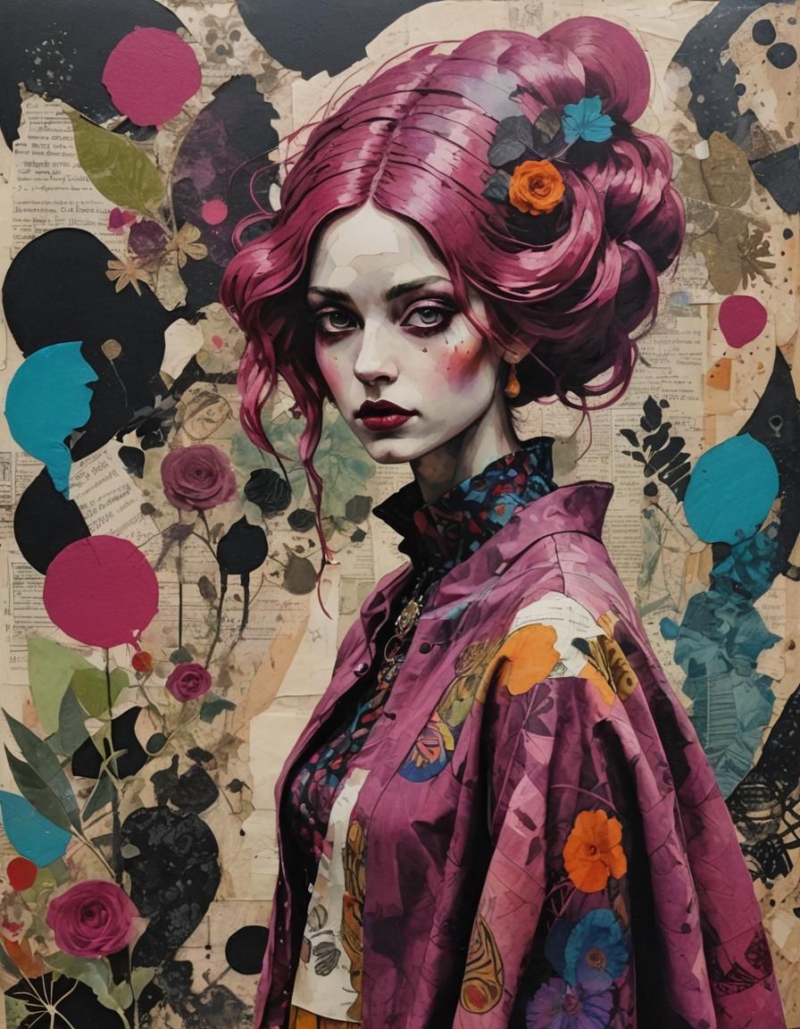 Magenta Haired Woman in Folk Art Collage