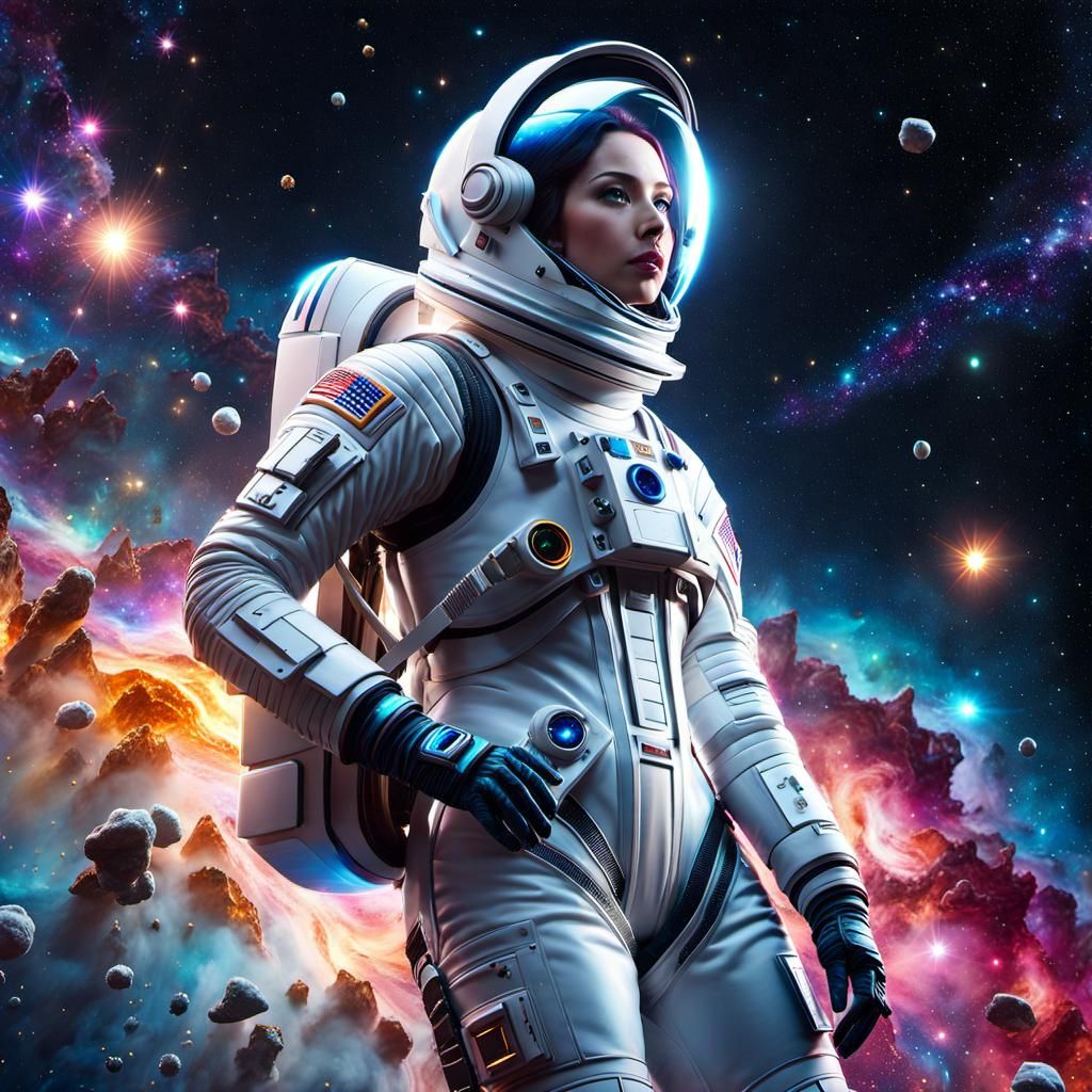 Astronaut in Cosmic Stardust Galaxy, Hyperrealistic Visual