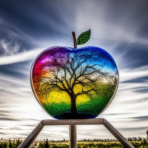 Rainbow Stained Glass Apple Sculpture in Orchard