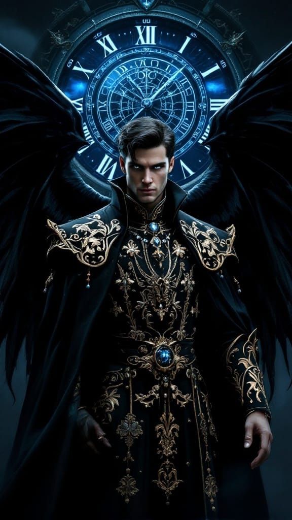 Regal Prince with Bat Wings Amidst Mysterious Clockwork