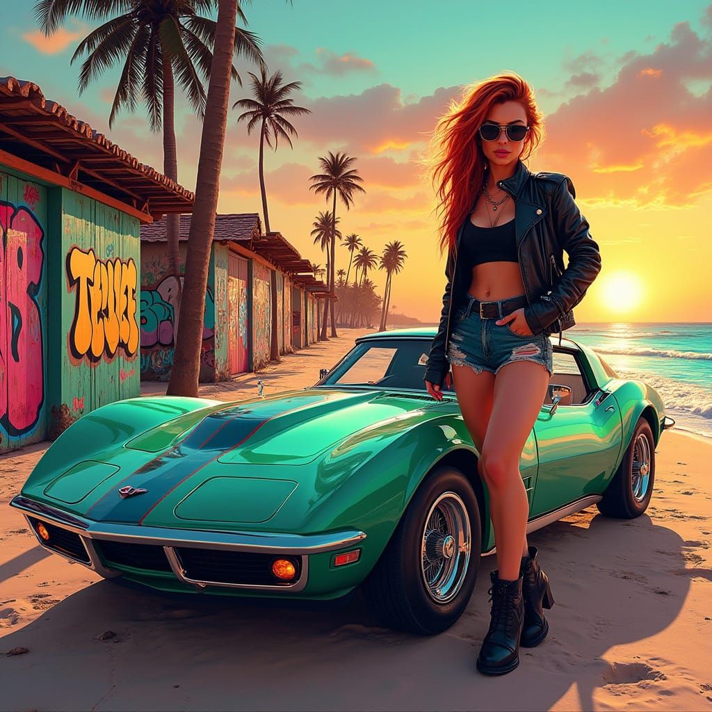 Confident Woman in Neon Sports Car at Sunset