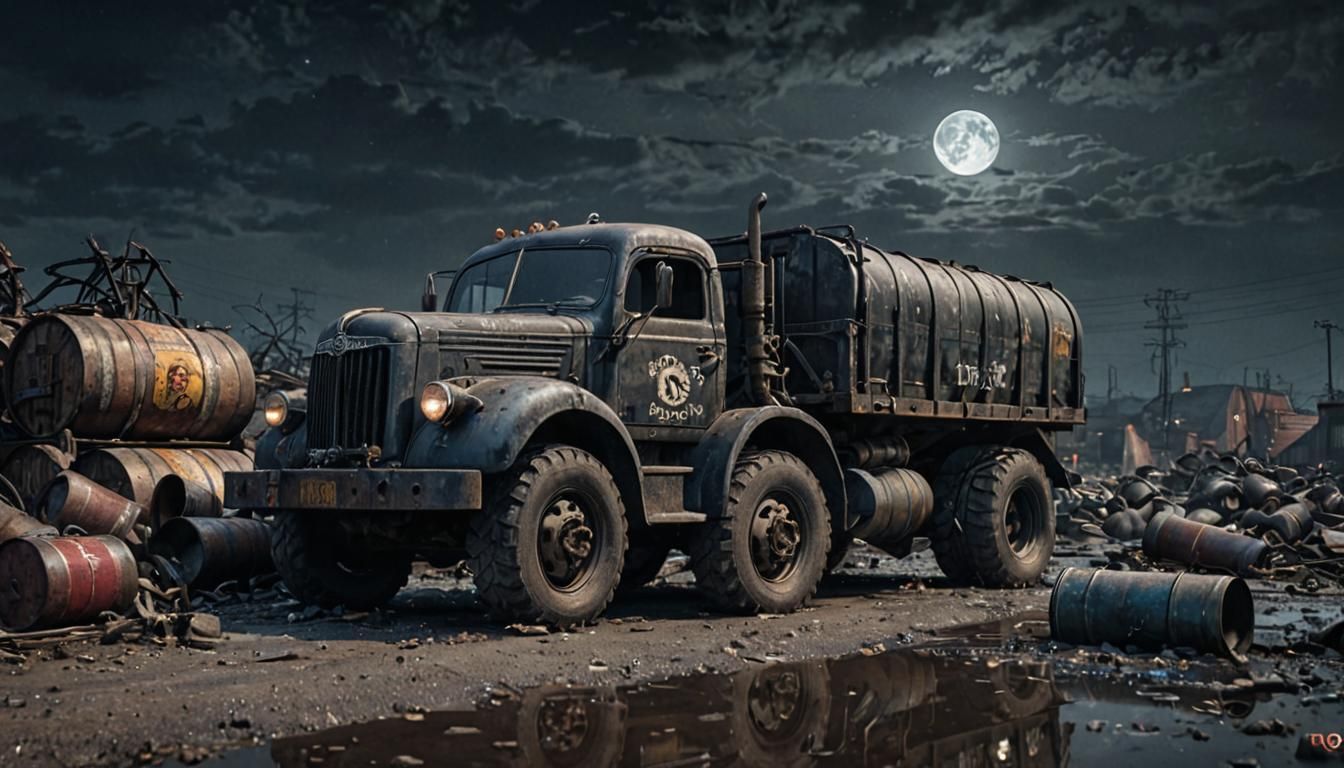 Creepy Black Truck in 1940s Industrial Wasteland