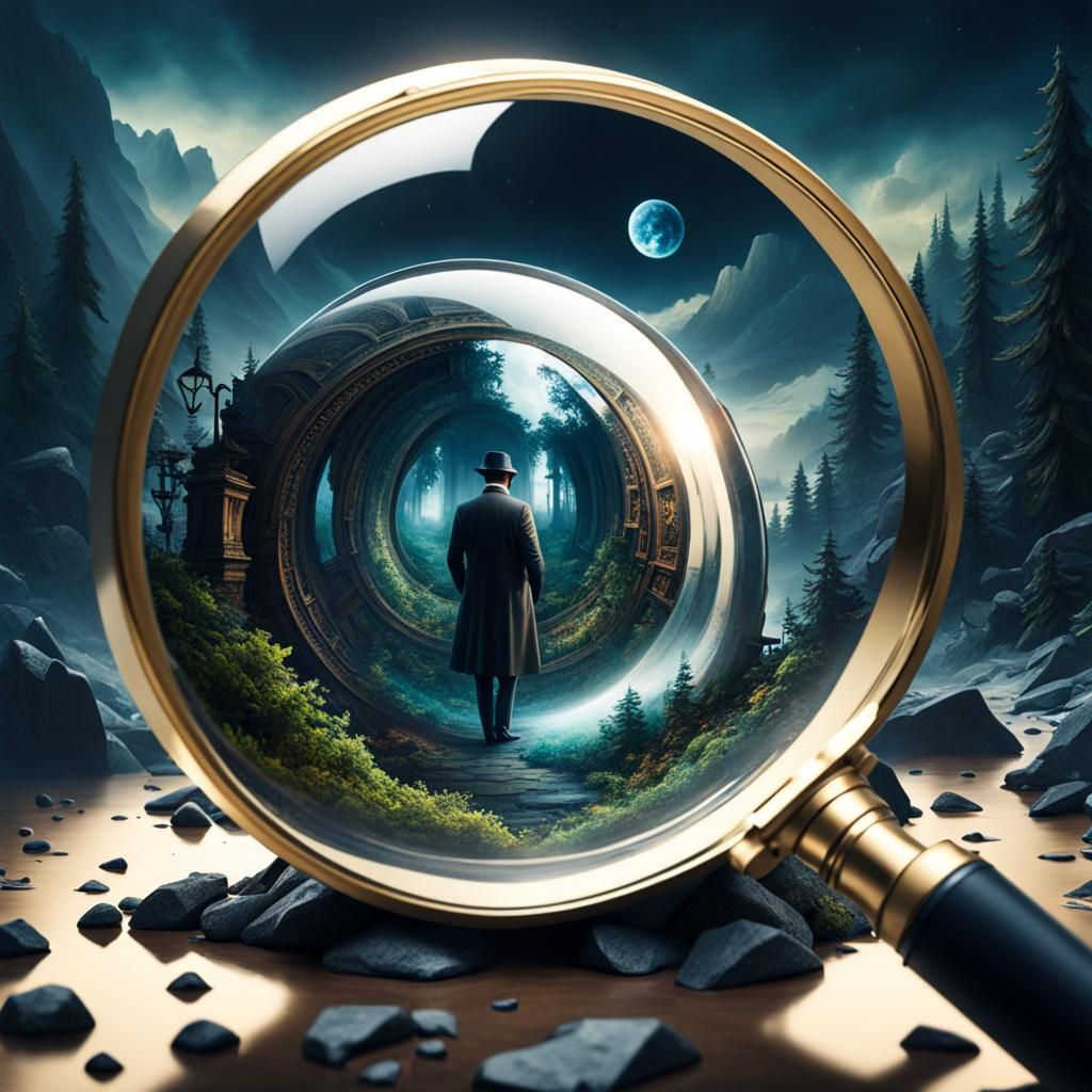 Mysterious Detective in Magnifying Glass: Surreal Masterpiec...