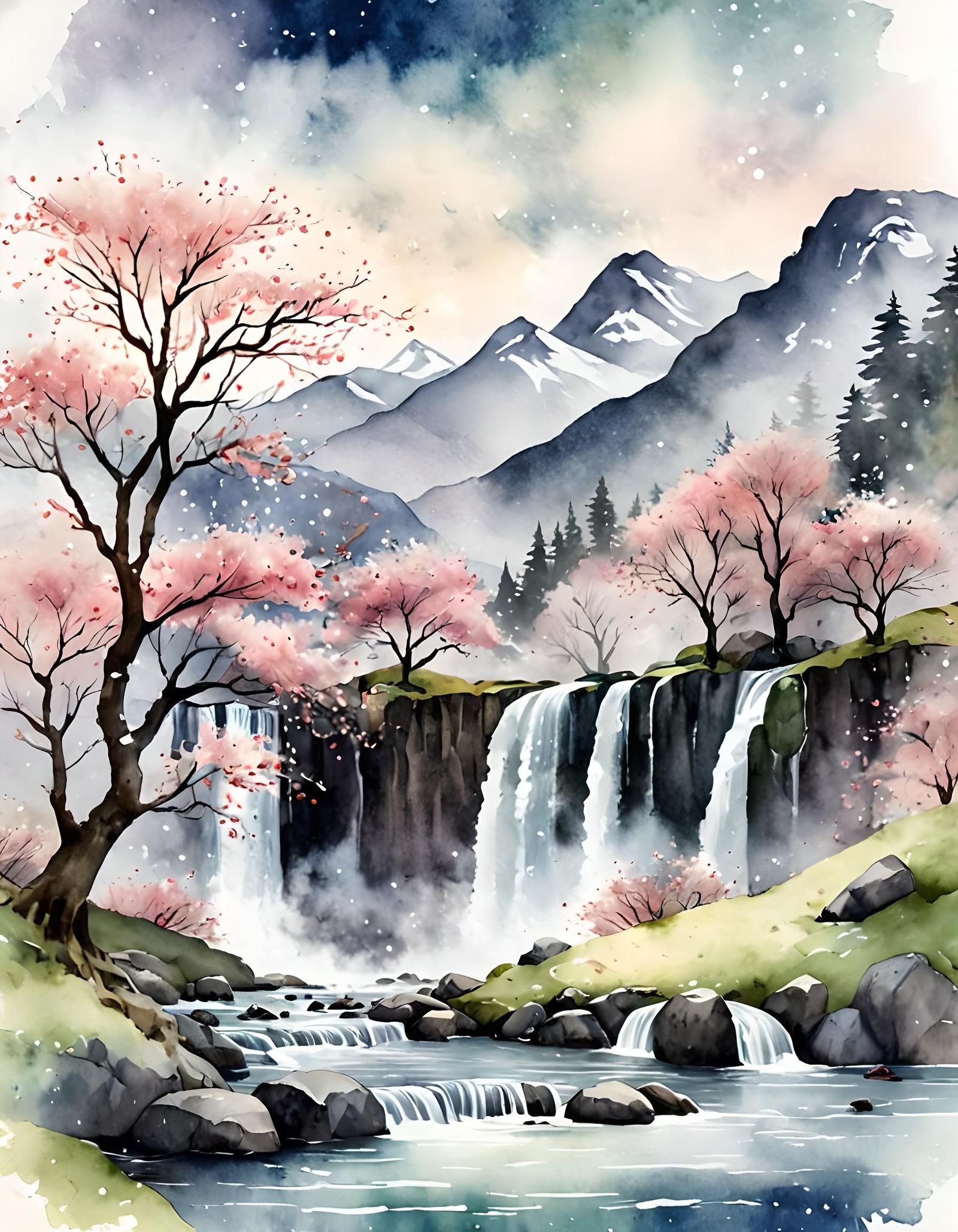 Misty Cherry Blossom Landscape in Watercolour