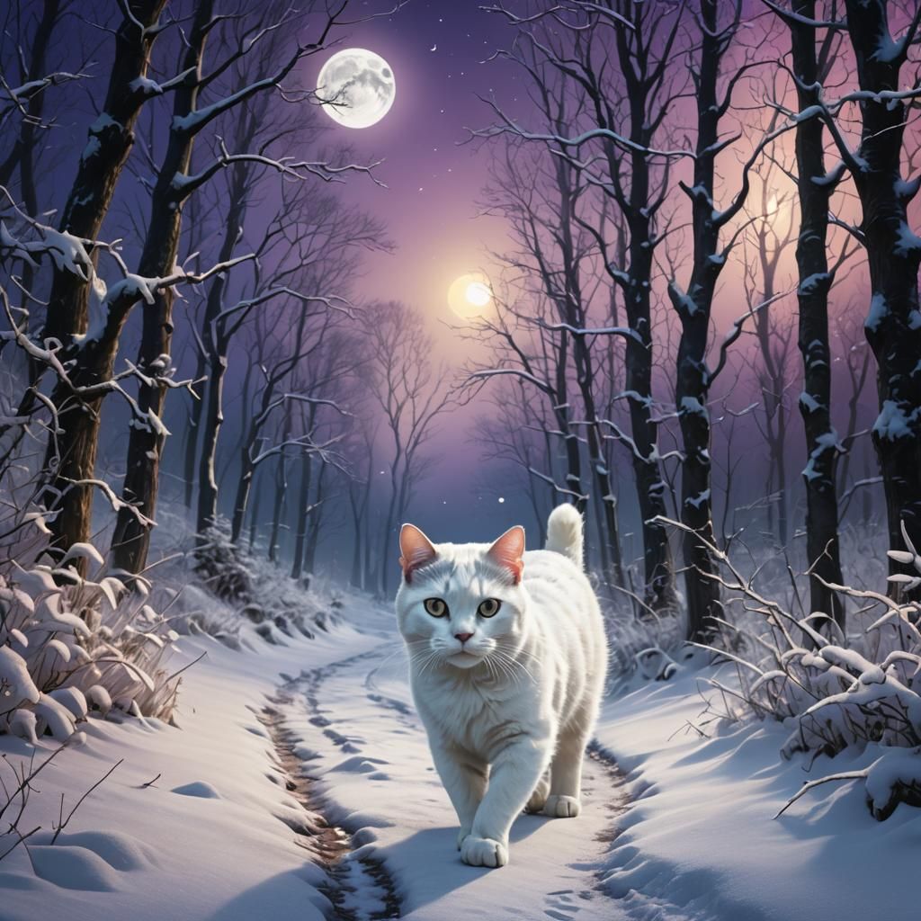 Mystical Cat in Snowy Forest, Digital Art