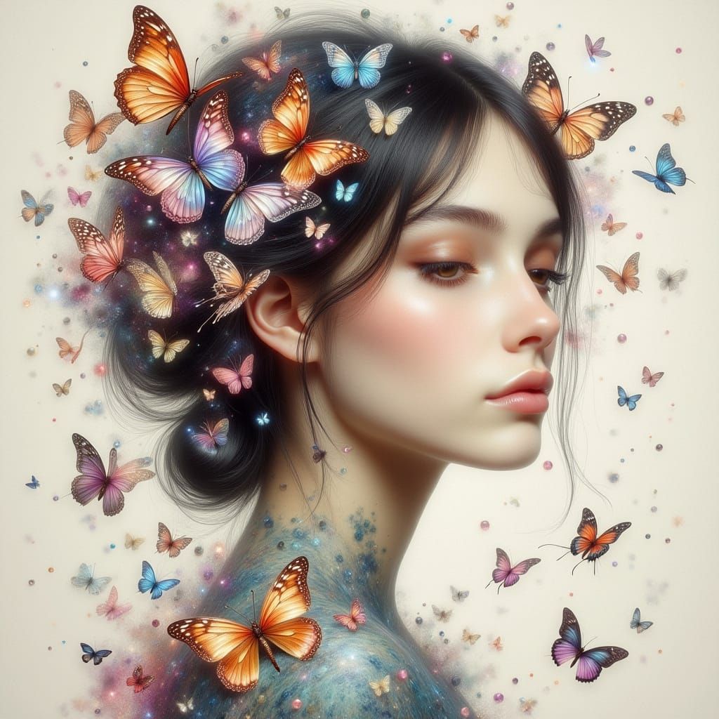 Dreamy Woman Surrounded by Butterflies in Watercolor Style