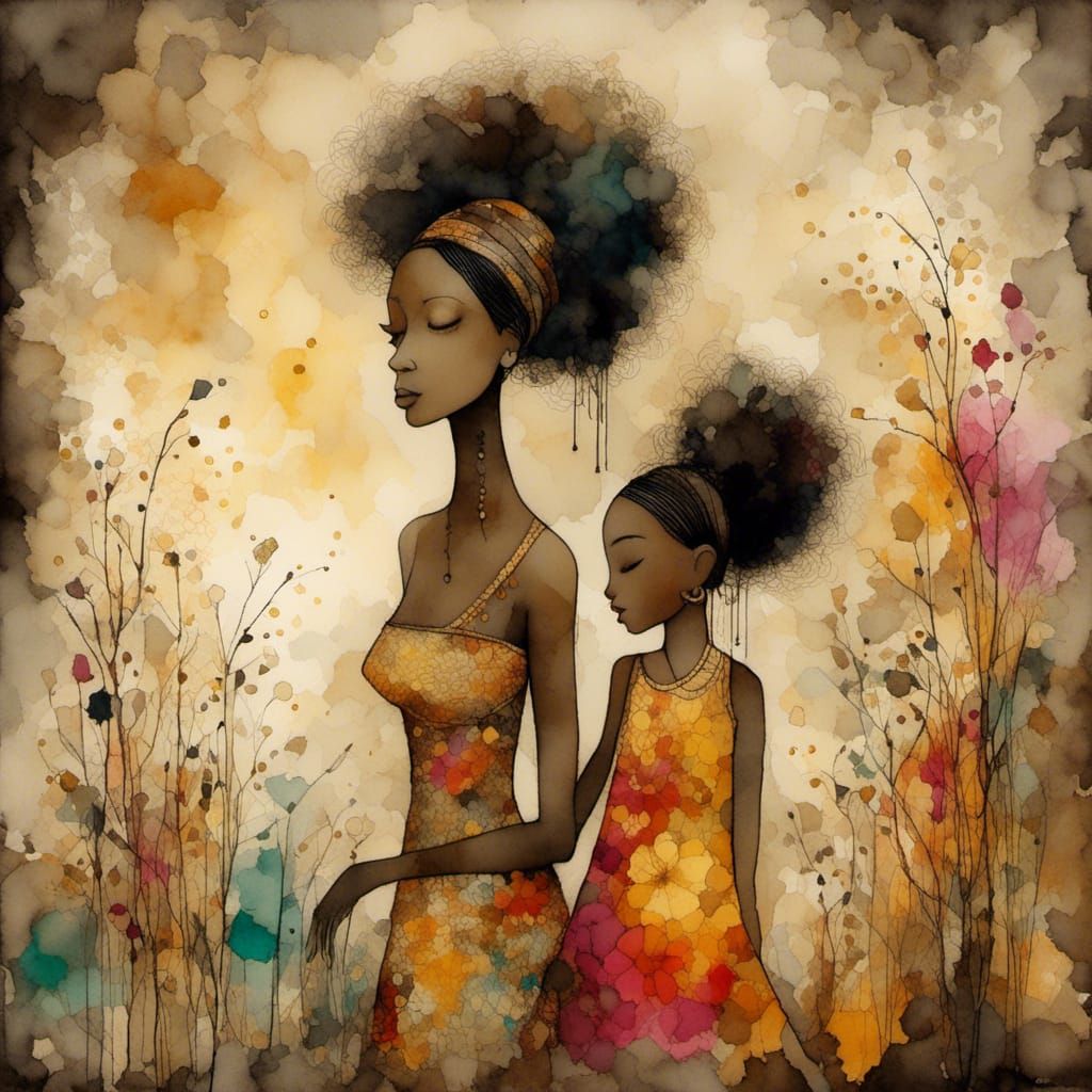 Vivid Mother and Daughter Portrait in Digital Ink Style