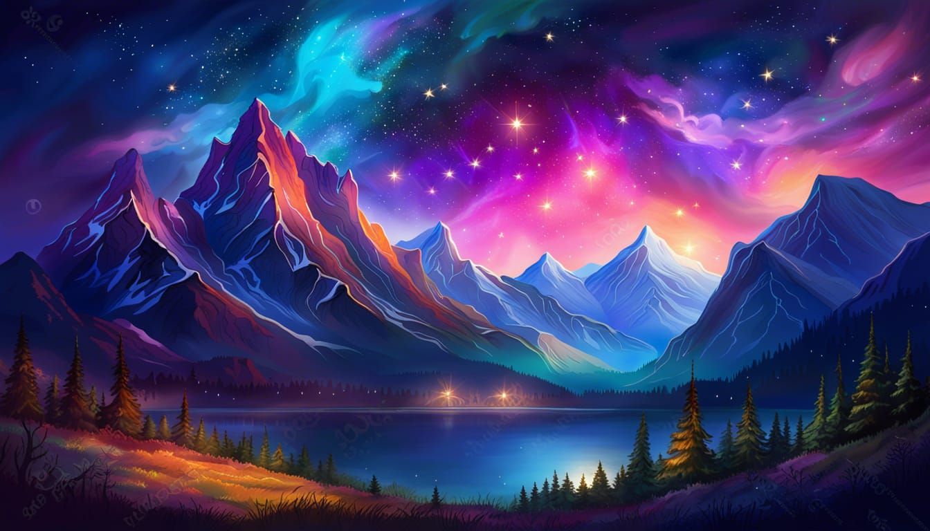 Ethereal Starry Night Over Mountain Landscape