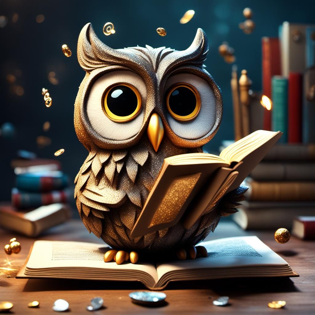 Bookish Owl Sculpture in 3D Anime Style