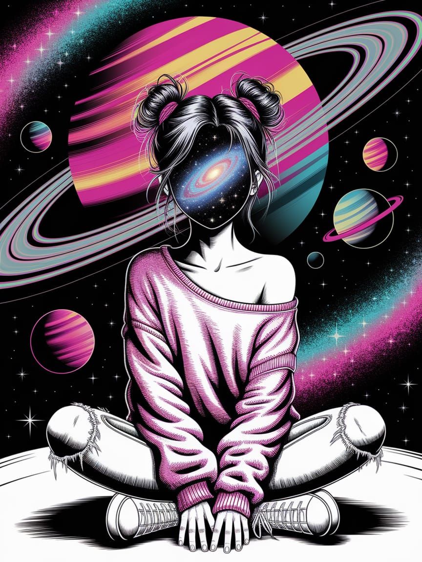 Whimsical Cosmic Portrait in Ink Drawing Style