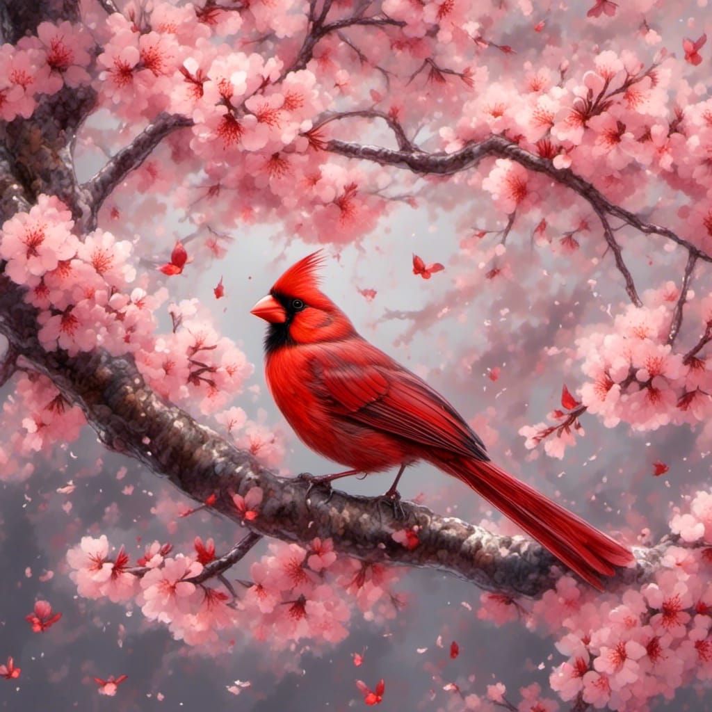 Cardinal in Cherry Blossoms: Artistic Digital Painting