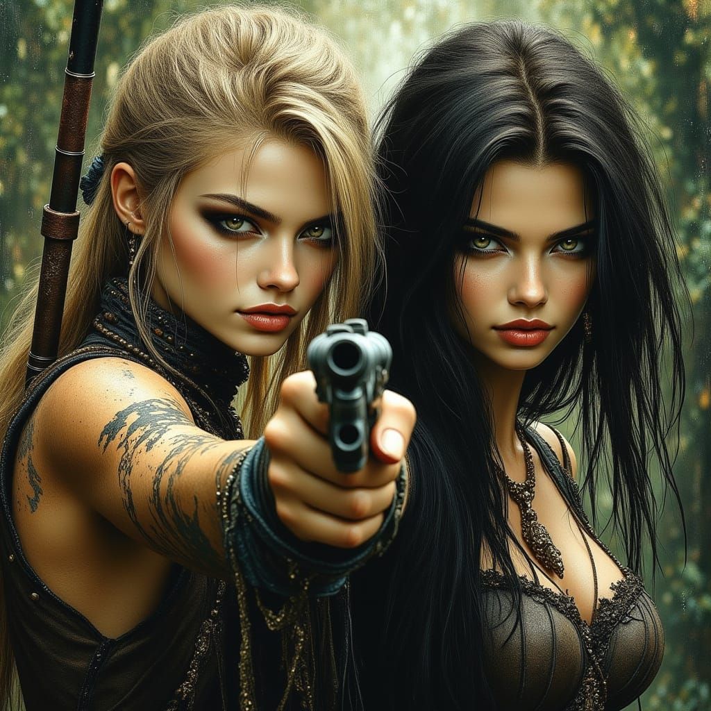 Hyper-Realistic Portrait of Two Female Warriors in Jungle Se...