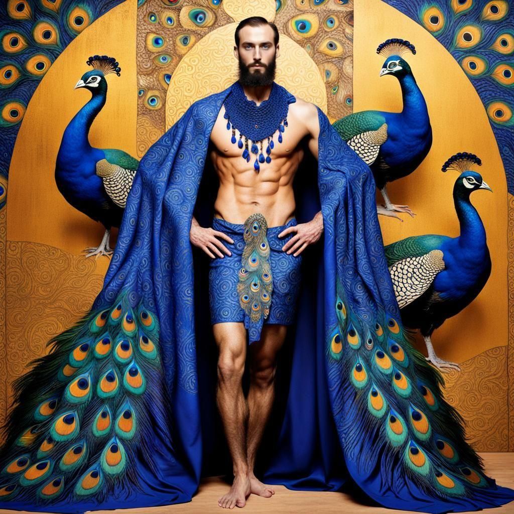 Man and Peacocks in Klimt-Inspired Style