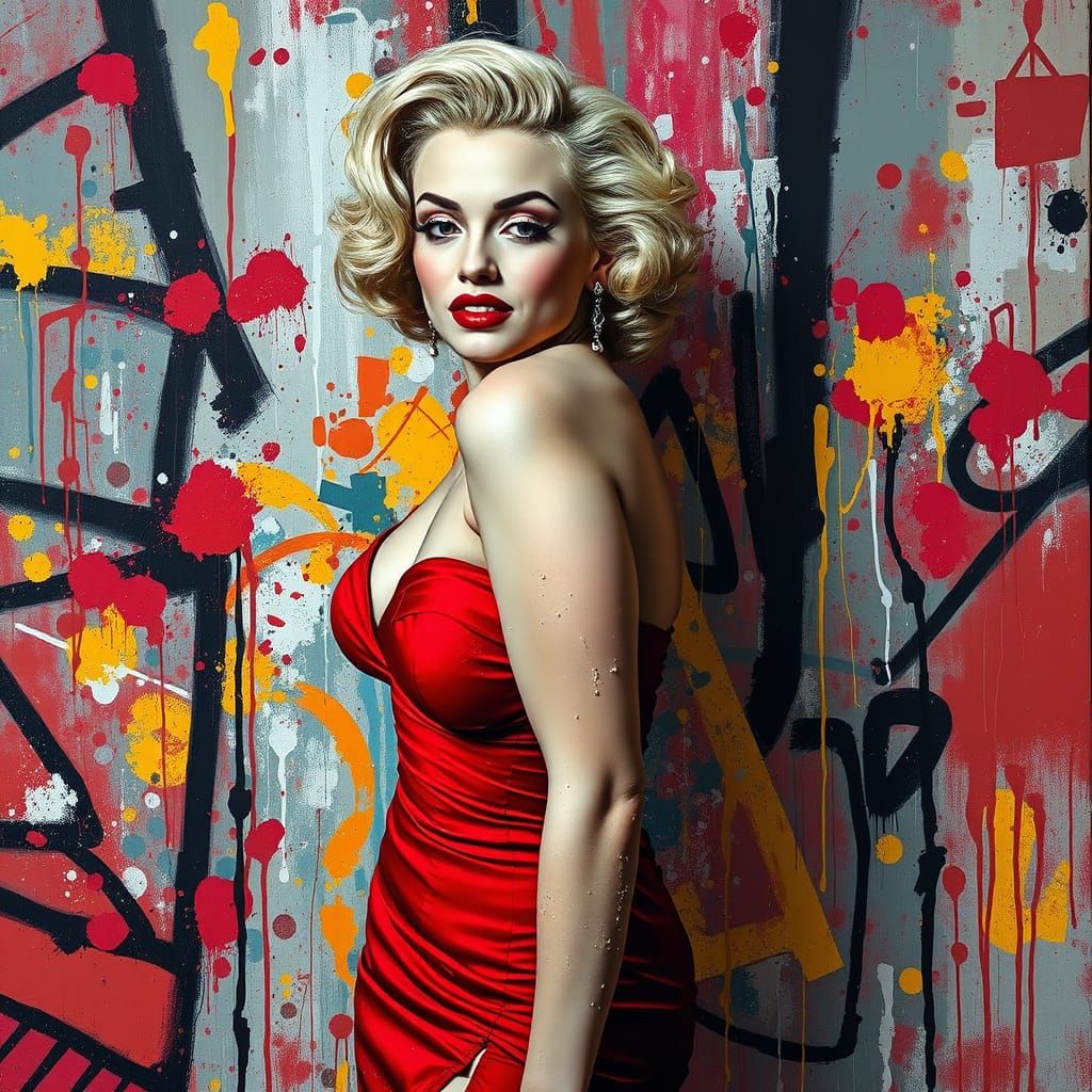 Sensual Red Dress Portrait in Street Art Style