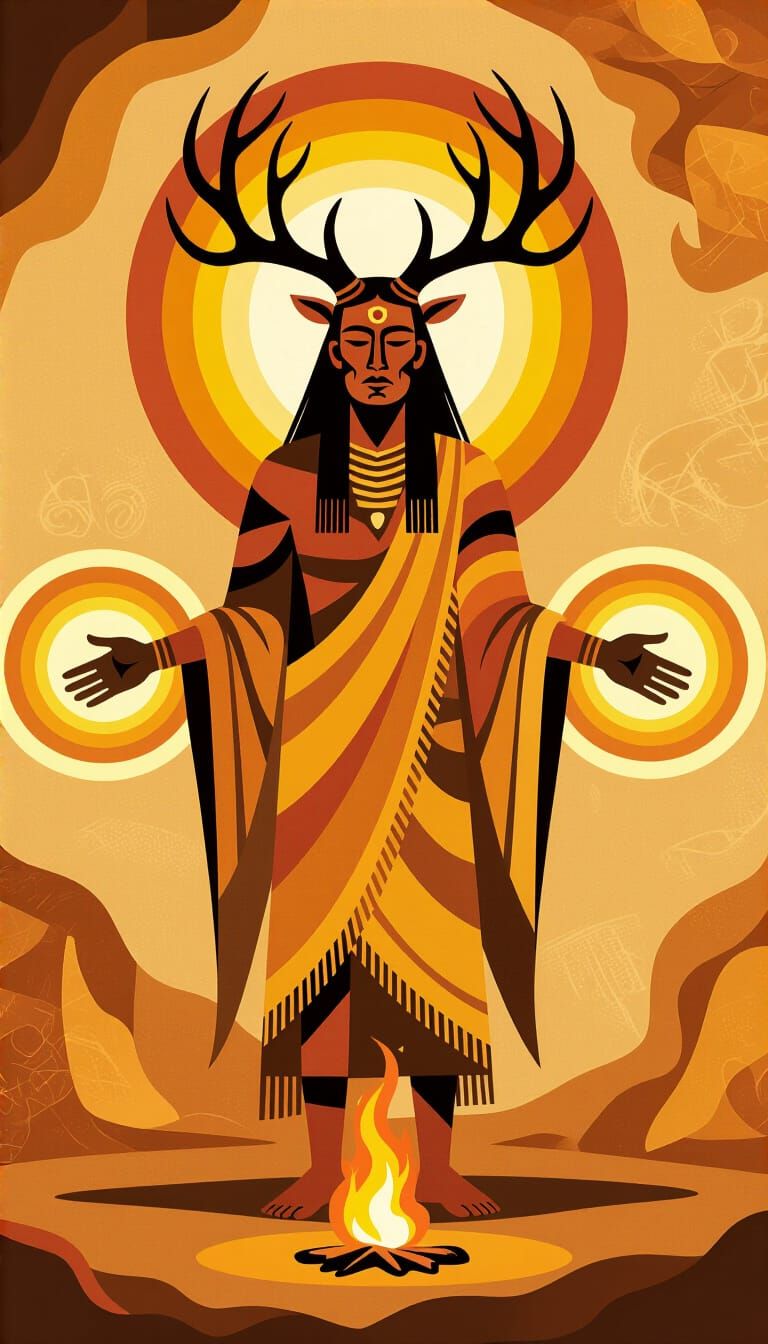 Shamanic Cave Art: Humanoid Figure with Antlers and Cosmic E...