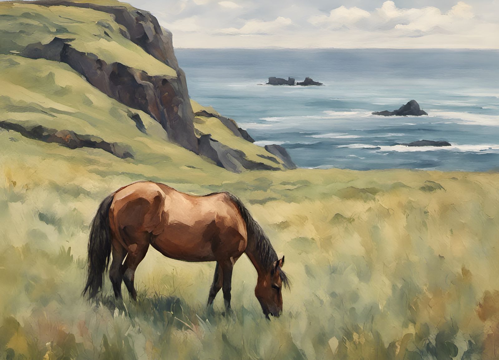 Horse Grazing by the Sea: Gouache Impressionist Painting