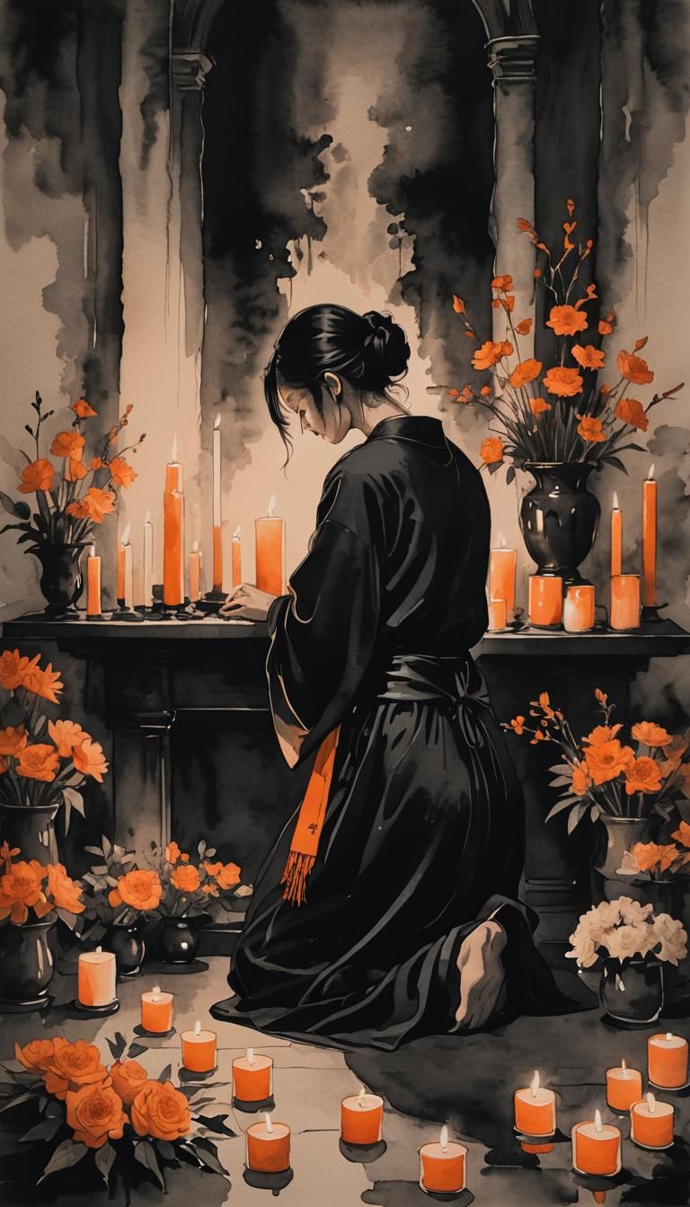 Minimalist Ink Painting of Girl Praying